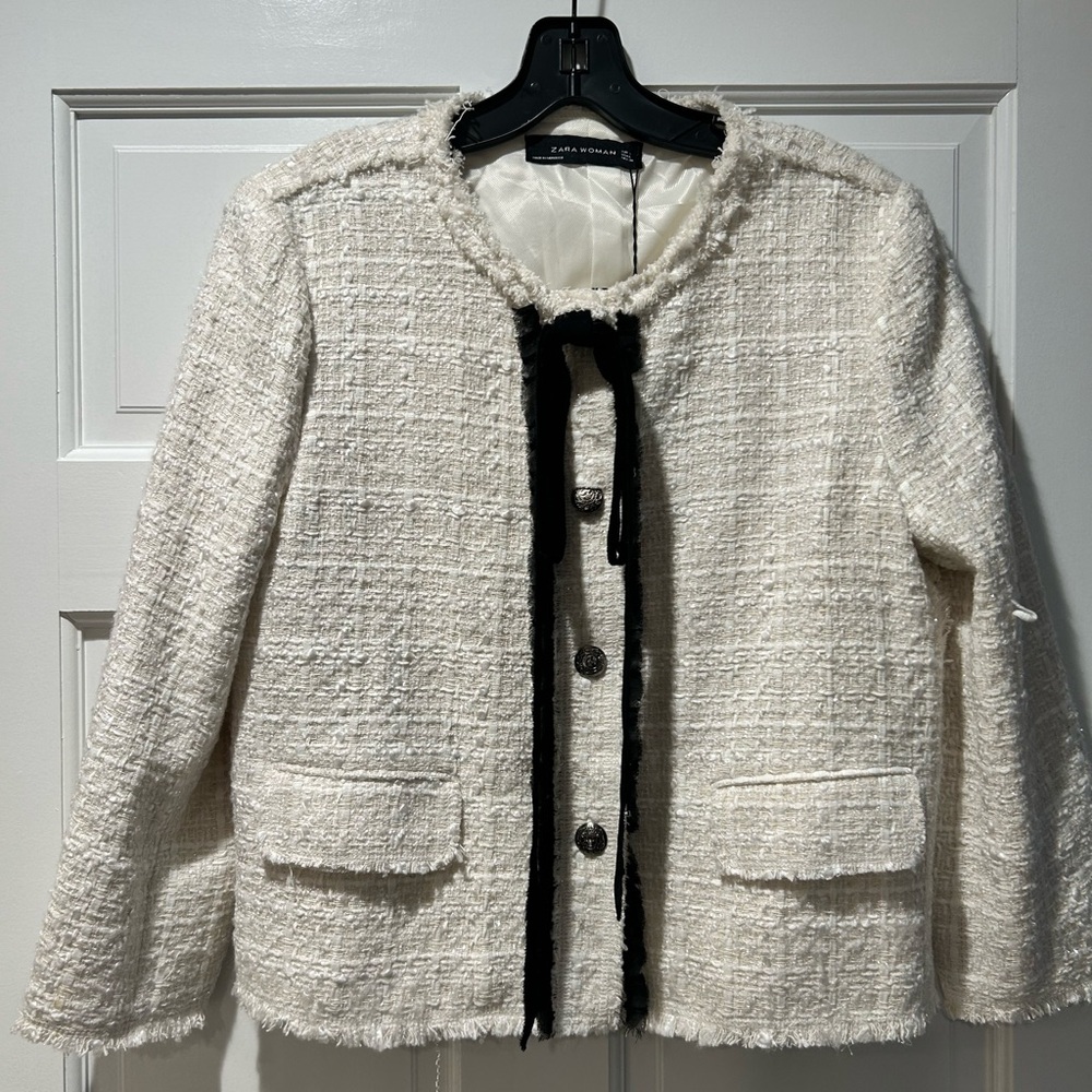 Zara Black and White Blazer with Fringed Trim